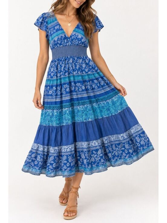 Jane Ashley Dresses & Skirts - Vintage 90s Blue Cotton Boho Floral Smocked Empire Waist Midi Dress Size XL